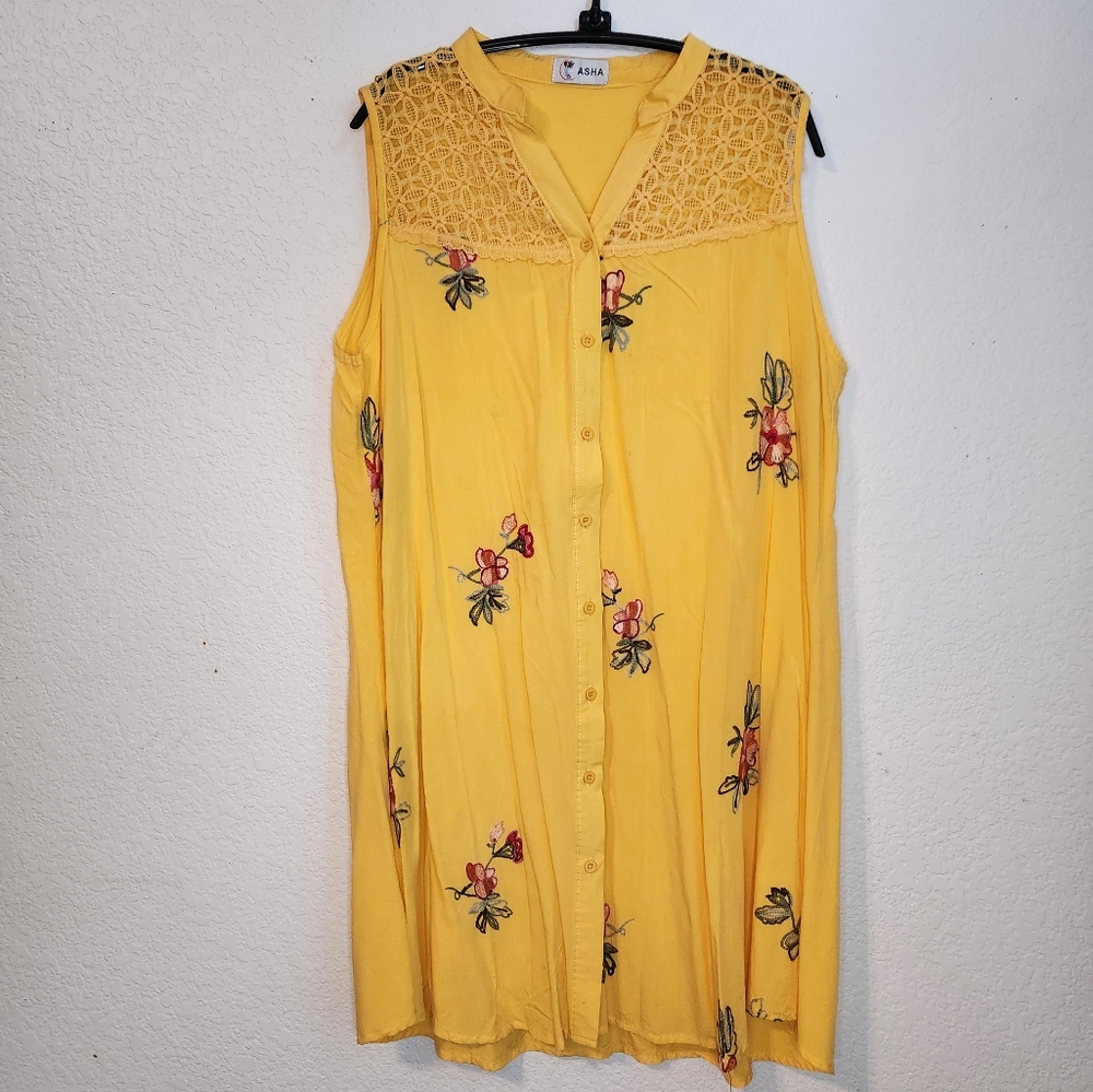 Asha Yellow Embroidered‎ Floral Sleeveless Button-Up Dress, Size L